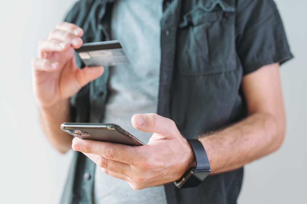 Mobile banking and shopping online panoramic image, selective focus